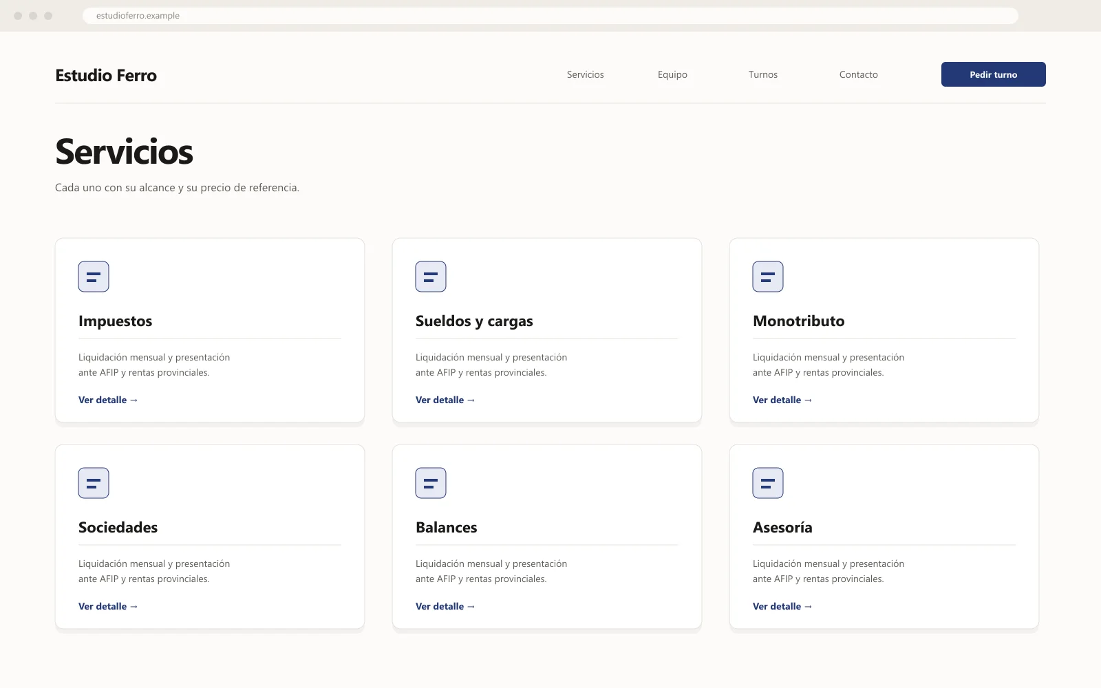 Mockup de la home de Estudio Ferro con la grilla de servicios