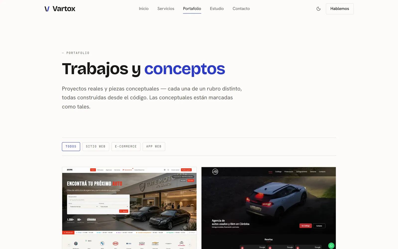 Página de portafolio de Vartox con la grilla de proyectos