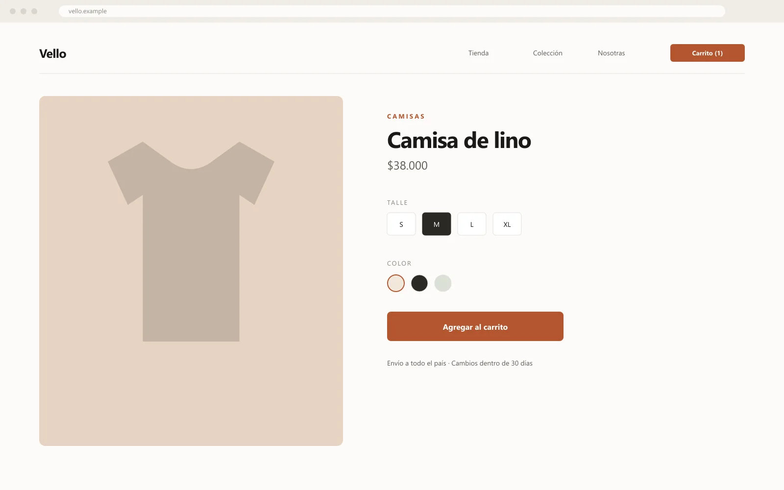 Mockup del carrito y checkout de Vello