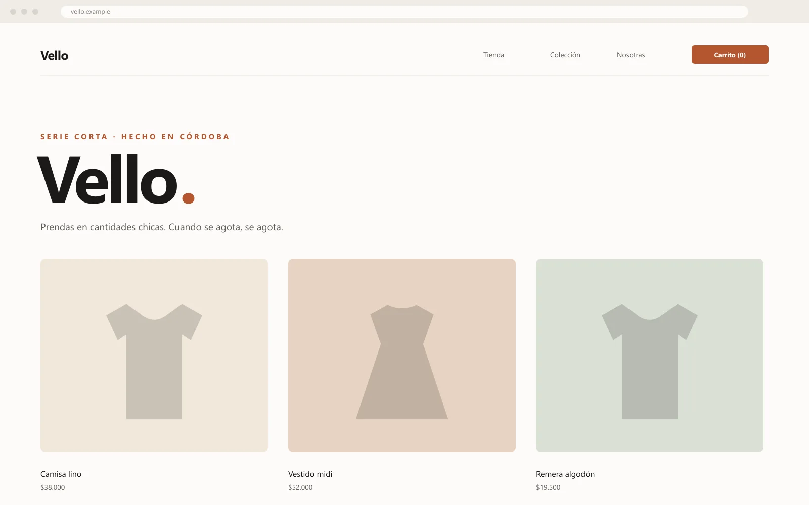 Mockup del catálogo del concepto Vello, una tienda de ropa